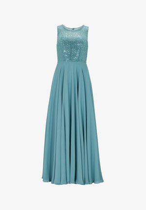 Langes türkisfarbenes Kleid mit einem paillettenbesetzten Oberteil und rundem Ausschnitt, das einen fließenden Rock aus weichem Stoff hat. Glatte Textur mit Schimmer.