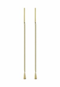 Orecchini a catena d'oro con una elegante barra verticale e catena sottile, terminanti con punte coniche. Texture liscia con finitura lucida.