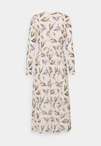 Langarm, cremefarbenes Kleid mit floralen Mustern in Pastelltönen. Der Stoff wirkt weich, mit tailliertem Design und einem fließenden Rock.