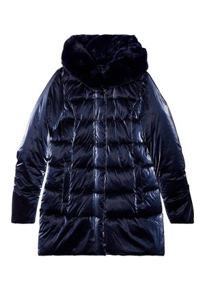 Manteau doudoune marine avec une capuche en fausse fourrure amovible, design matelassé, manches longues et texture brillante et lisse. Doté d'une fermeture éclair à l'avant.
