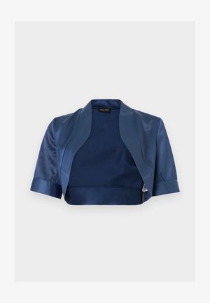 Boléro court en satin bleu marine avec manches courtes et devant ouvert, affichant une finition lisse et brillante ainsi que de larges revers.