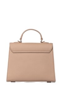 Borsa a mano in pelle beige con una forma strutturata, manico superiore e superficie liscia. Presenta una chiusura a patta e dettagli di cucitura sottili.