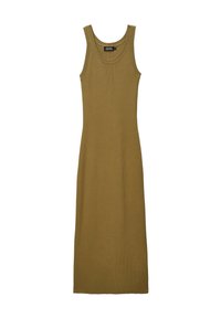 Robe sans manches en tricot côtelé olive, avec un col rond et une silhouette droite, atteignant le mi-mollet. Pas de matériaux ni de motifs apparents.