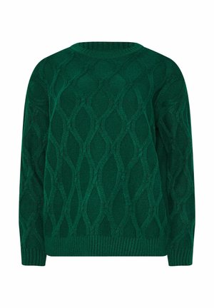 Grüner gestrickter Pullover mit einem strukturierten Rautenmuster, Rundhalsausschnitt und gerippten Bündchen und Saum. Weiches, mittelschweres Material.