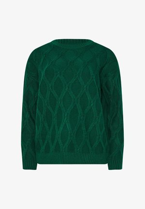 Groene gebreide trui met een gestructureerd ruitpatroon, ronde hals en geribde manchetten en zoom. Zacht, middelzwaar materiaal.