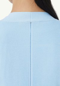 Jasnoniebieski dzianinowy top o strukturze ryżu, z centralnym szwem i subtelnym niebieskim przeszyciem wzdłuż pleców.