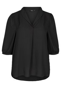 Černá blůza s výstřihem do V, tříčtvrtečními nabíranými rukávy, hladkým povrchem a zakřiveným lemem. Vyrobena z lehkého materiálu.