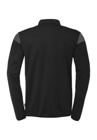 Schwarzes Langarmshirt, leichtes Gewebe, mit grauen Akzenten an den Schultern, klassischem Kragen, glatter Textur und tailliertem Design.