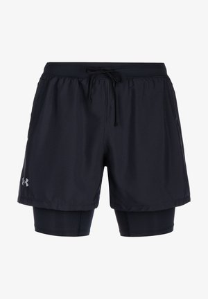 Sort atletiske shorts med elastisk talje og snøre, med et inderskikt og Under Armour-logo på siden.