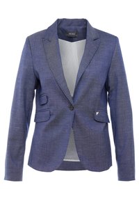 Námořnický modrý blazer s klopovým límcem, jednobotonovým zapínáním, dvěma předními kapsami, texturovanou tkaninou a pruhovanou podšívkou.