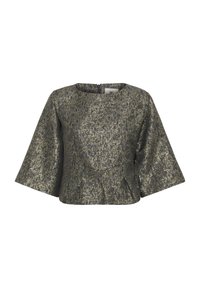 Blouse grise et dorée à texture métallique, avec des manches trois-quarts, un col rond et un léger ourlet peplum.