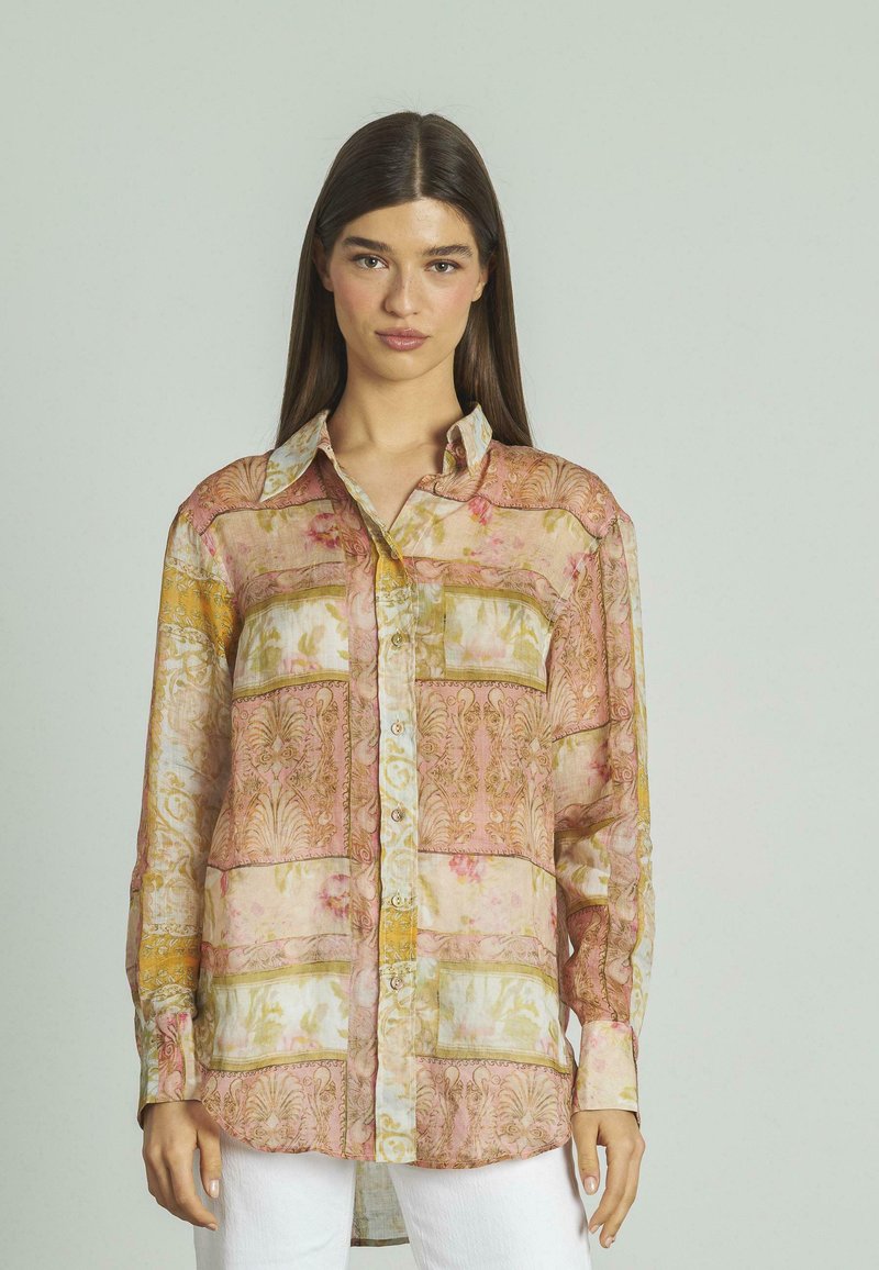 Camisa de manga larga y botones presenta un patrón floral y geométrico en tonos de rosa, amarillo y crema sobre una tela ligera y translúcida.