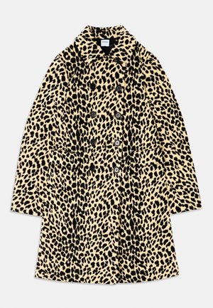 Leopard print double-breasted coat in beige and black, featuring a collared neck, six buttons, and a relaxed fit. Soft texture.