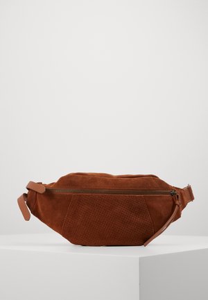 Braune Wildleder-Gürteltasche mit gelochtem Frontpaneel, horizontalem Reißverschluss und verstellbarem Riemen, auf einer weißen Oberfläche präsentiert.