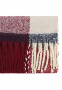 Villa huivi, jossa on punainen, laivastonsininen ja valkoinen ruudullinen kuvio, fringed-reunoilla ja pehmeällä tekstuurilla. Mitat noin 60 cm x 180 cm.