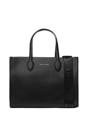 Borsa a mano in pelle nera Marc Ellis con due manici e una tracolla larga con il nome del marchio in rilievo.