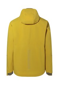 Veste jaune imperméable avec capuche, texture lisse, accents réfléchissants et design minimaliste comprenant un motif d'aération dans le dos.