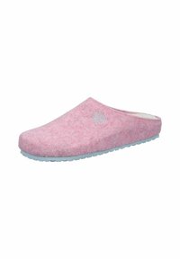Pink felt slip-on clog with white fleece lining, grey rubber sole, and a circular logo embroidered on the upper side.