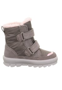 Graue Winterstiefel mit einem weichen, rosa Kunstfellfutter, zwei verstellbaren Klettverschlüssen und einer strukturierten Gummisohle für besseren Halt.