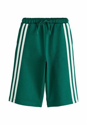 Zelené kraťasy po kolená s elastickým pásom, sťahovacou šnúrkou a tromi bielymi vertikálnymi pruhmi na každej strane.