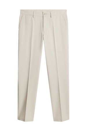 Beige straight-leg trousers with belt loops, front button and zipper closure, and side pockets.