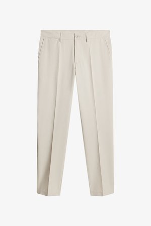 Beige straight-leg trousers with belt loops, front button and zipper closure, and side pockets.