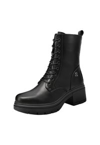 Botas de tobillo negras con cordones, hechas de cuero suave, con un tacón grueso, suela texturizada y detalle de marca en el lateral.