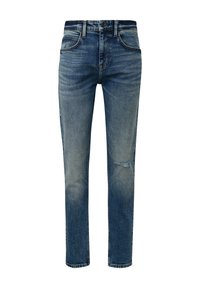 Vaqueros de denim azul con corte slim, leves desgastes cerca de la rodilla y un diseño clásico de cinco bolsillos con cierre de botón.