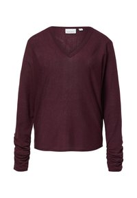 Bordowy longsleeve z dekoltem w serek wykonany z lekkiej dzianiny. Posiada marszczone detale przy mankietach i luźny krój.