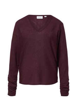 Burgunderfarbendes Langarmshirt mit V-Ausschnitt aus leichtem Strickstoff. Verfügt über geraffte Details an den Ärmelbündchen und ein lässiges Design.