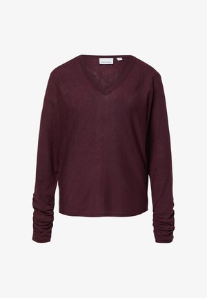 Burgundy long-sleeve V-neck top made from lightweight knit fabric. Features gathered detail at the sleeve cuffs and a relaxed fit design.