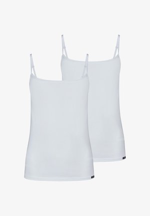 Top bianchi con spalline sottili regolabili, texture liscia, scollo a U e orlo dritto. Include due pezzi identici.