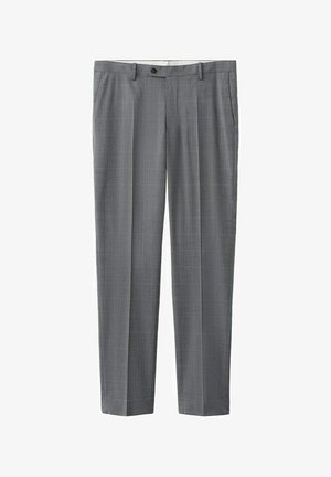 Pantalones de vestir grises con sutil patrón de cuadros, cierre frontal con botones, trabillas para cinturón y bolsillos laterales.