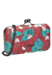 Punainen kukallinen käsilaukku, jossa on sinisiä lootuksia ja kurkia, valmistettu sileästä synteettisestä materiaalista. Varustettu metallisella sulkimella ja ketjuolkaimella. Logo näkyvissä.