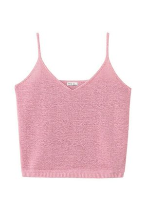 Top corto rosa lavorato a maglia senza maniche con spalline sottili e scollo a V, realizzato in un tessuto morbido e strutturato.