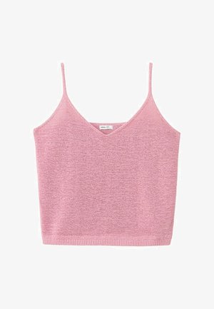 Lyserød strikket ærmeløs crop top med tynde stropper og V-udskæring, i blødt tekstureret stof.