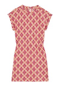 Kurzärmliges Kleid aus leichtem Stoff mit einem Diamantmuster in Rosa, Orange und Creme. Detail mit Ausschnitt im Rücken und definierter Taille.