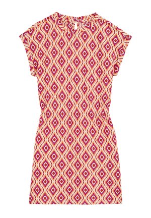 Kratka obleka s kratkimi rokavi iz lahkega materiala z diamantom vzorcem v roza, oranžni in kremni barvi. Detajl z ključavnico na hrbtu in definirana pas.