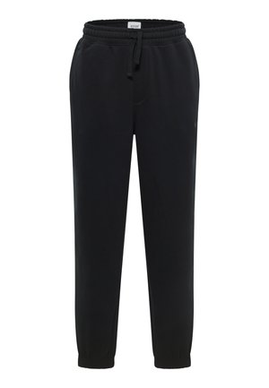 Czarne spodnie dresowe wykonane z bawełny, z elastycznym paskiem w talii, sznurkiem i elastycznymi mankietami. Prosty, nieozdobiony wzór.