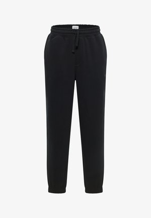 Schwarze Sweatpants aus Baumwolle mit einem elastischen Bund, Kordelzug und elastischen Bündchen. Schlichtes, ungeschmücktes Design.