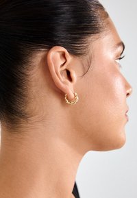 Pendientes de aro de oro con un diseño retorcido, de tamaño pequeño y acabado brillante, llevados en la oreja de un modelo con un peinado elegante.