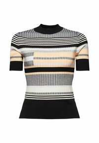 Lyhythihainen ribbipaita, jossa on pystysuoria ja vaakasuoria raitoja mustana, harmaana, persikkana ja valkoisena. Yksivärinen musta kaulus ja helma.