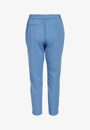 Modré elastické nohavice s užším strihom. Obsahujú dve zadné vrecká a sú vyrobené z hladkej, ľahkej látky.