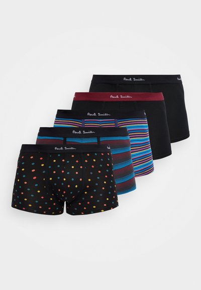 Cinq paires de boxers pour hommes avec des ceintures à la marque Paul Smith, présentant des motifs à pois, rayés et des couleurs unies.