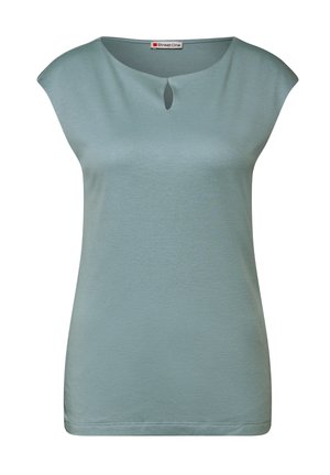 Top azzurro chiaro a maniche corte con scollatura rotonda e un piccolo dettaglio a chiave nella parte anteriore, realizzato in un tessuto morbido.