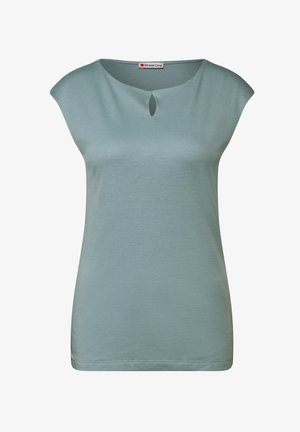 Lichtblauwe, korte mouw top met een ronde halslijn en een klein keyhole detail aan de voorkant, gemaakt van een gladde stof.