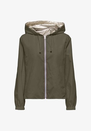 Imperméable vert olive avec capuche, fermeture éclair frontale, cordons de serrage, poignets élastiques et doublure intérieure beige brillante.