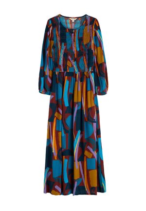 Maxi jurk met lange mouwen, voorzien van een smocked lijfje. Multicolor abstract patroon in blauw, rood, oranje en paars op een donkere achtergrond.
