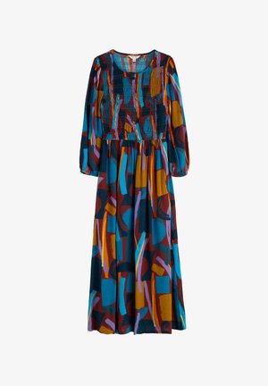Maxi dress with long sleeves, featuring a smocked bodice. Multicolor abstract pattern in blue, red, orange, and purple on a dark background.