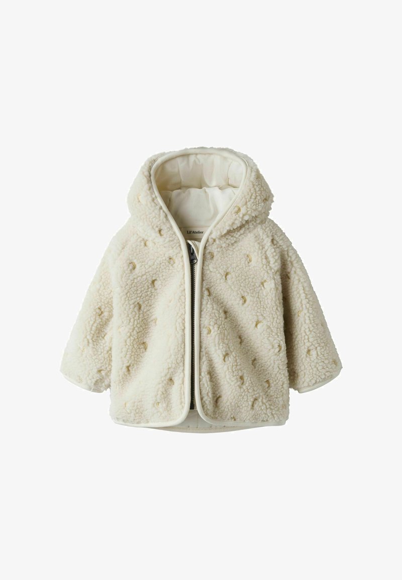 Giacca in pile color crema con chiusura a zip, cappuccio e punti testurizzati. Tessuto morbido e accogliente con un bordo a contrasto lungo i lati.